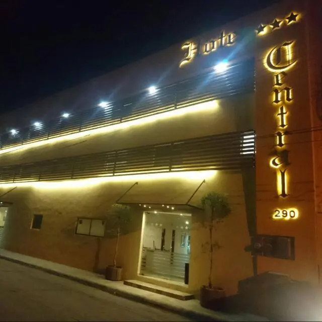 Hotel Central exterior illuminated at night in San Luis Potosí